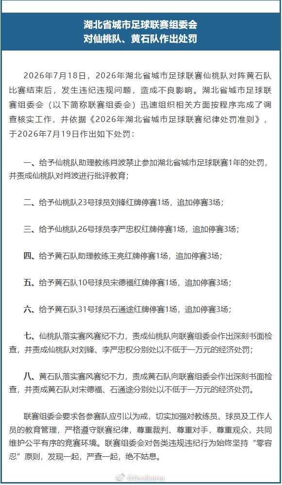 6红牌后追加处罚：仙桃助教肖波全年禁赛 两队五人各停三场
